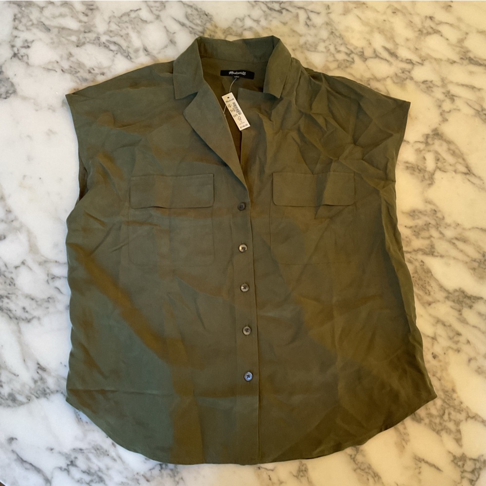 NWT Madewell Washable Silk Drapey Patch Pocket Sleeveless Shirt Loden Green Sz S - Picture 6 of 13